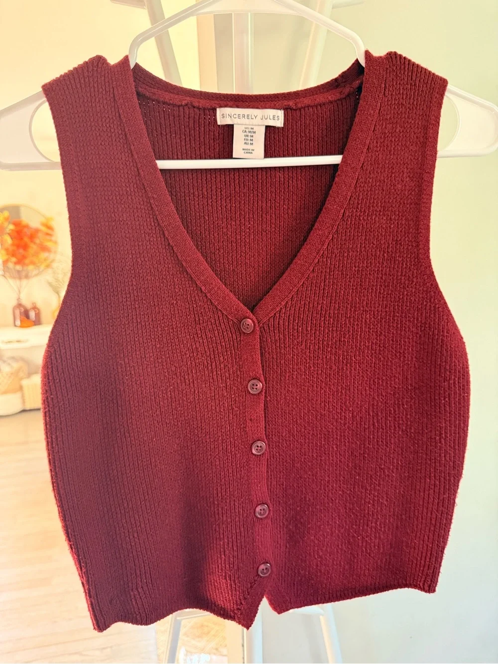 Sincerly Jules Deep Burgundy V-Neck Button Front Sweater Vest